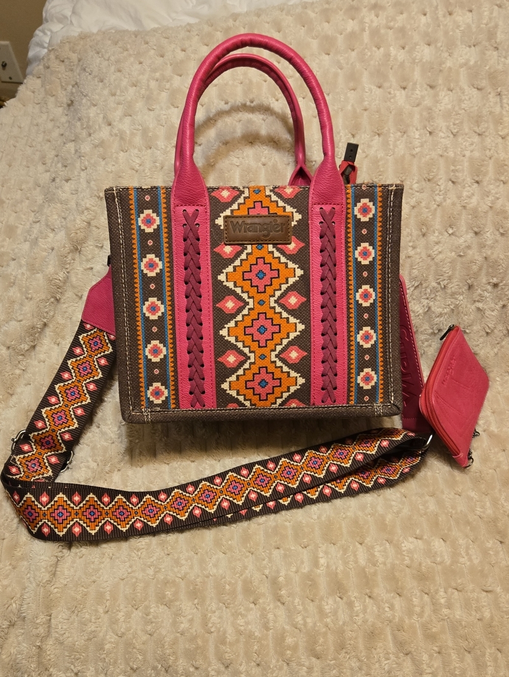 Wrangler Pink and Brown Embroidered Crossbody Tote with Detachable Strap